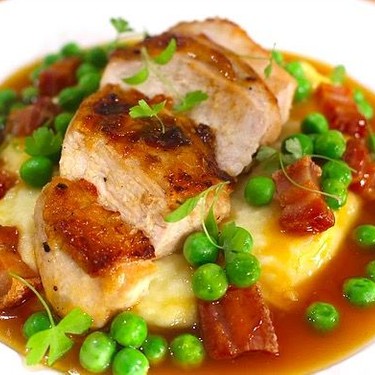 Roasted Chicken with Pommes Mousseline and Pancetta Peas Recipe | SideChef