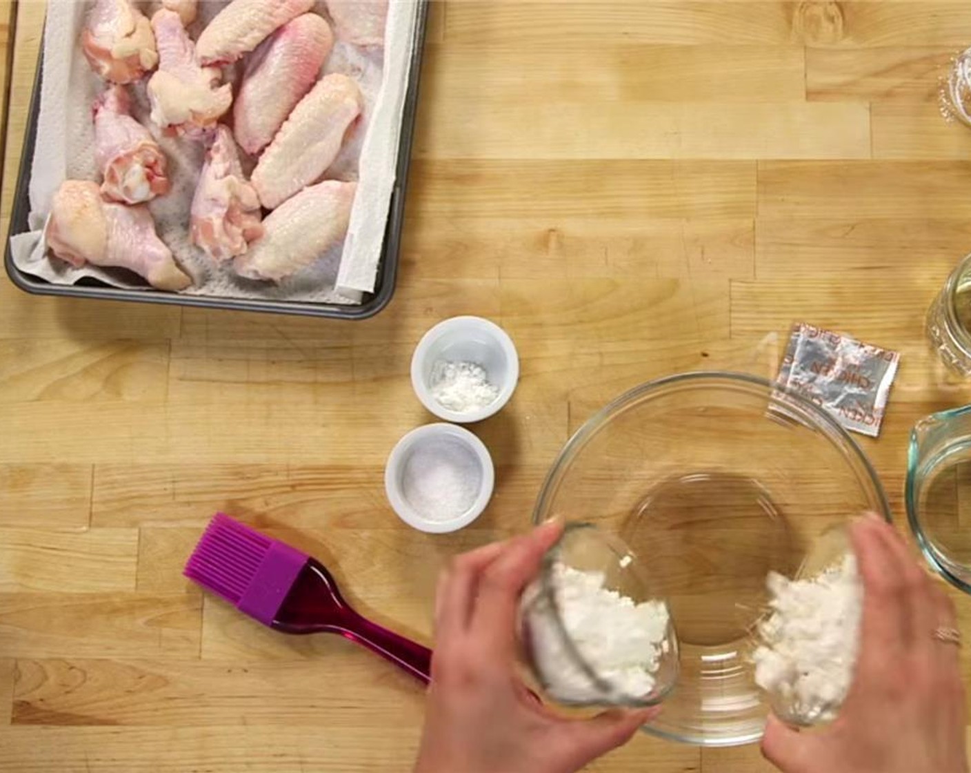 step 2 Mix together dry batter ingredients: Kosher Salt (1/2 Tbsp), Corn Starch (1/4 cup), and Baking Powder (1/2 tsp) in a bowl, and set aside.