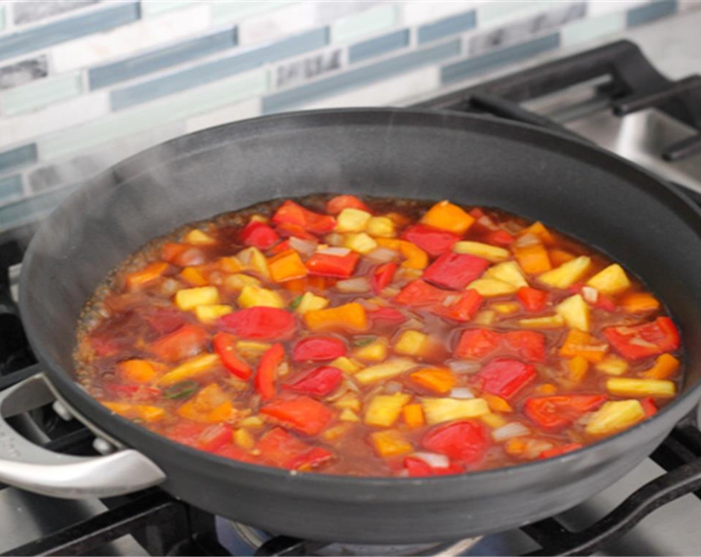 step 10 Pour in the sauce into the skillet. Bring the sauce to a boil and then reduce to a simmer, cooking the sauce until it thickens, just 3-5 minutes.