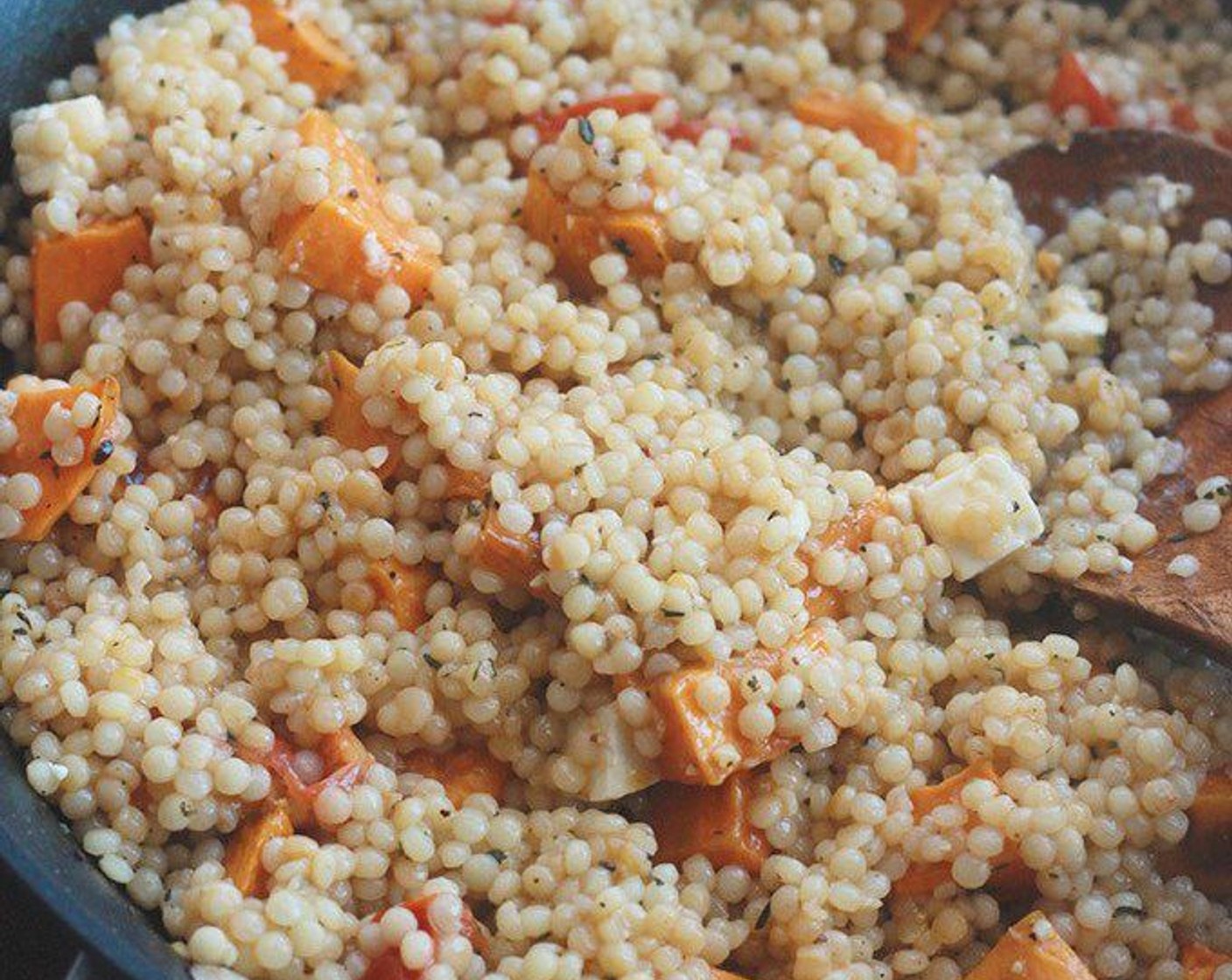 step 11 Add Israeli Couscous (1 cup) and remaining thyme and season with salt and pepper. Cook, tossing until couscous is lightly toasted, 2 to 3 minutes.