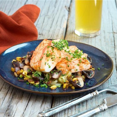 Halibut with Chayote with Bacon and Mushrooms Recipe | SideChef