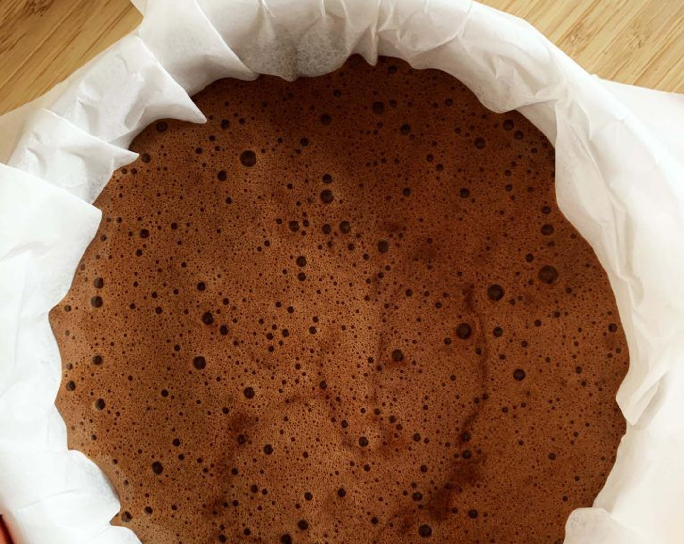 step 5 Line a 6-inch round cake pan with parchment paper. Pour in the mixture.