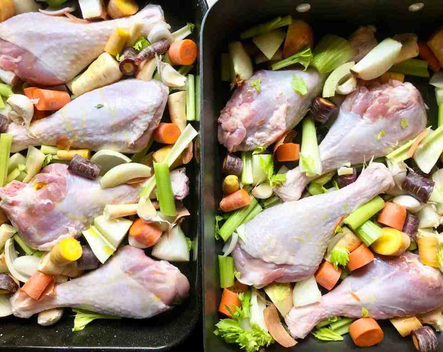 step 2 Using two large roasting pans, spread out 4 of the Turkey Legs (8) in each pan then fill in the gaps with the Yellow Onions (3), Carrots (6), Celery Leaves (4 stalks), Parsnips (4), and Garlic (1 head).