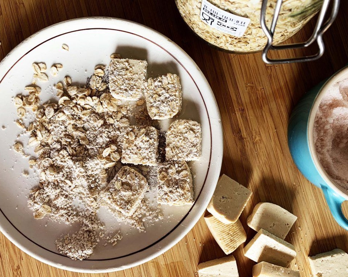 step 5 Sprinkle with salt and coat each piece in Gluten-Free Oat Flour (4 Tbsp) then Gluten-Free Oats (1/2 cup).