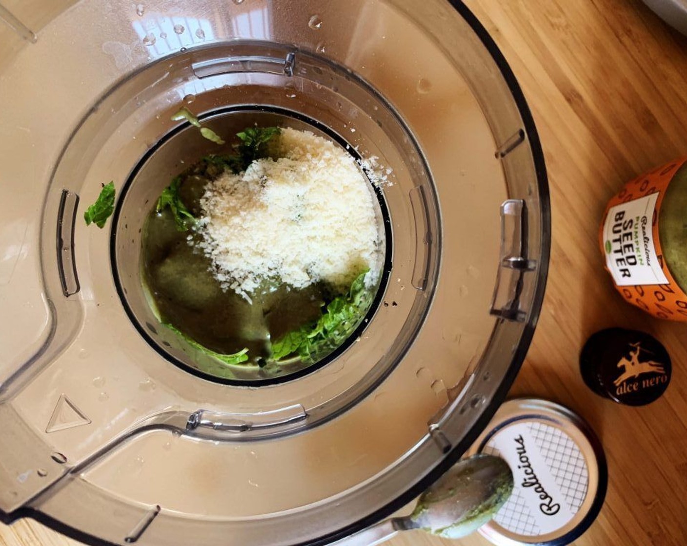 step 1 Place the Fresh Mint (2/3 cup), Extra-Virgin Olive Oil (2 Tbsp), Grated Parmesan Cheese (2 Tbsp), Salt (to taste), Ground Black Pepper (to taste), Pumpkin Seed Butter (2 Tbsp), and Garlic (1 clove) into a food processor.