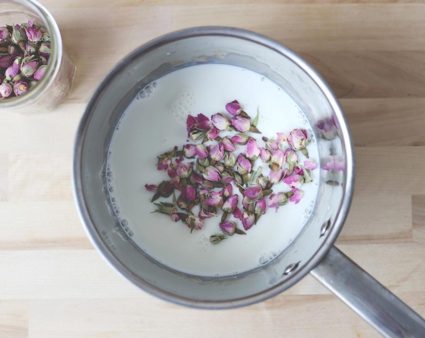 step 1 Place Milk (3/4 cup) and Rose Bud Tea (4 Tbsp) in a saucepan. Gently bring to a boil over a medium heat and immediately turn off. Allow to steep for 10 minutes.