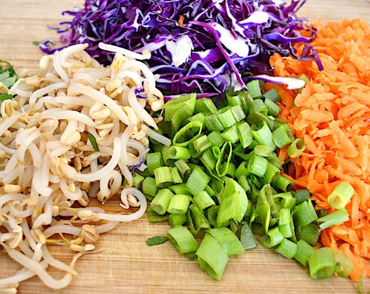 step 2 Transfer the noodles to a large salad bowl and toss them with the Carrots (3), Red Cabbage (2 cups), Scallion (1 bunch), Bean Sprouts (1 cup), Dry Roasted Peanuts (1 cup), and Fresh Cilantro (1 Tbsp).