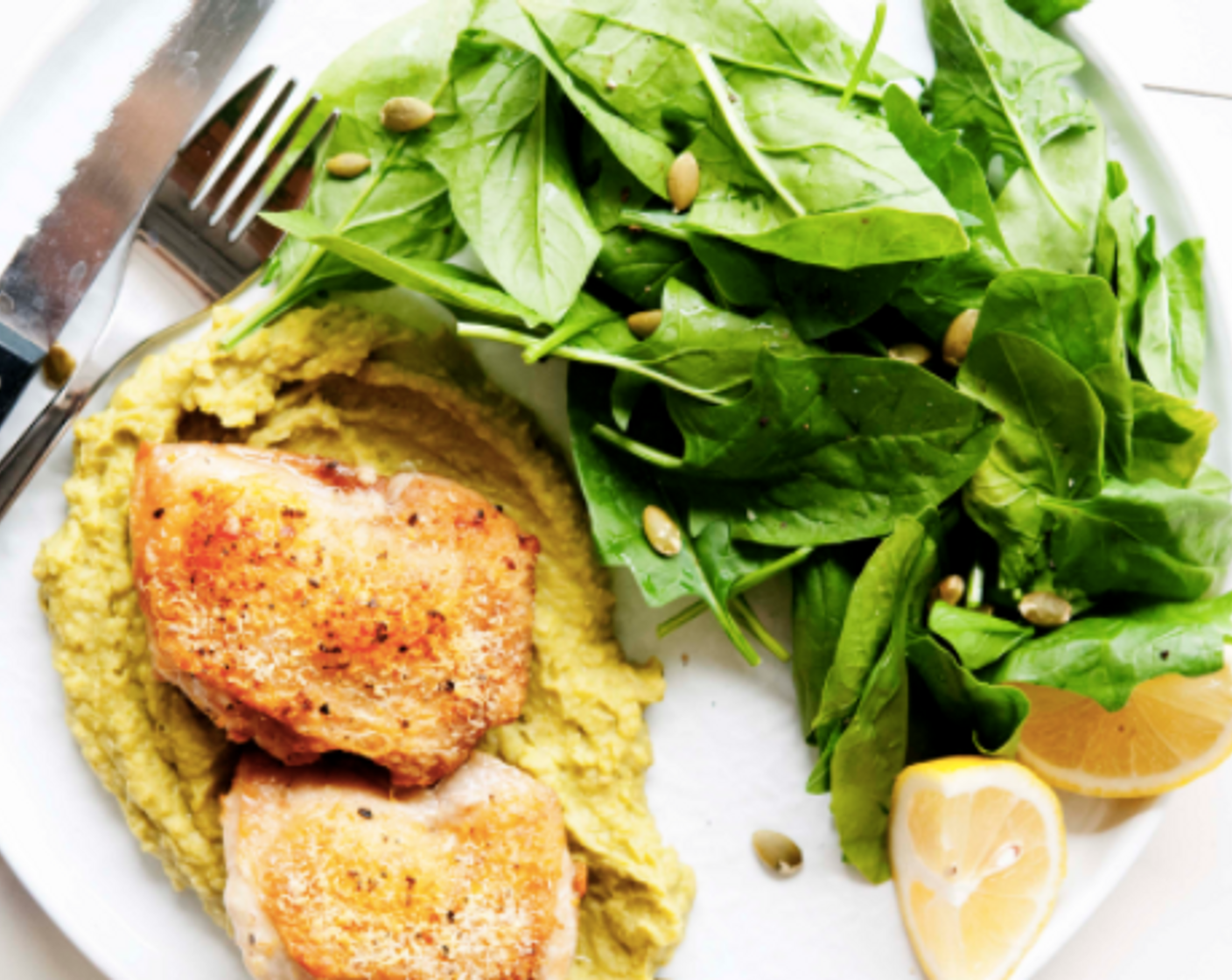 step 11 Serve chicken with pea puree, Fresh Baby Spinach (6 2/3 cups), and lemon wedges. And you can sprinkle some Pepitas (to taste) as well if you fancy!