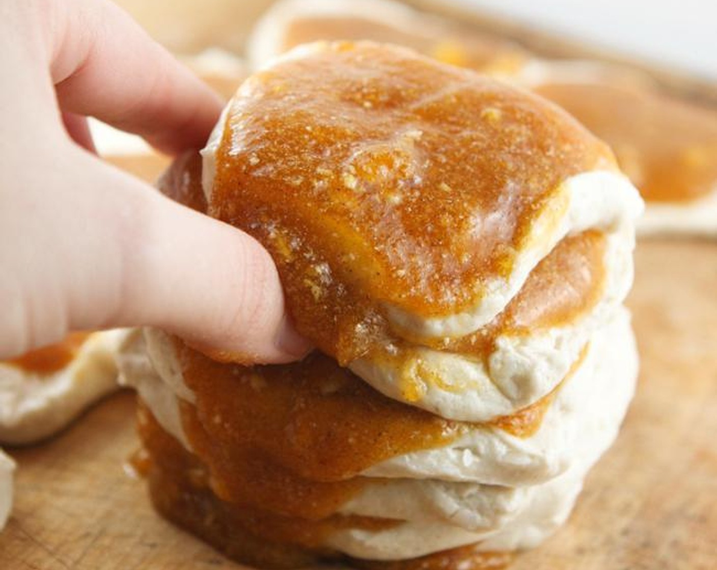 step 2 In a large bowl, combine the Granulated Sugar (1 cup), Canned Pumpkin Pie Mix (1 cup), Pumpkin Pie Spice (1 tsp) and Butter (1/3 cup). Stir until combined. Using a spoon, divide the mixture between the biscuits. Carefully stack 8 of the biscuits on top of each other.