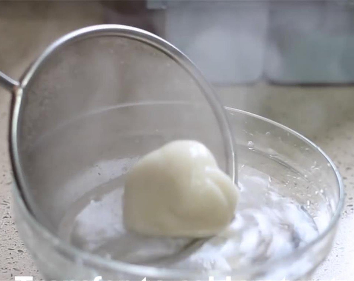 step 2 Bring some water to boil and then cook the small dough for around 2-3 minutes. Prepare a bowl with cold water on the side. When the small dough is cooked, transfer it out with soak with cold water to cool down.