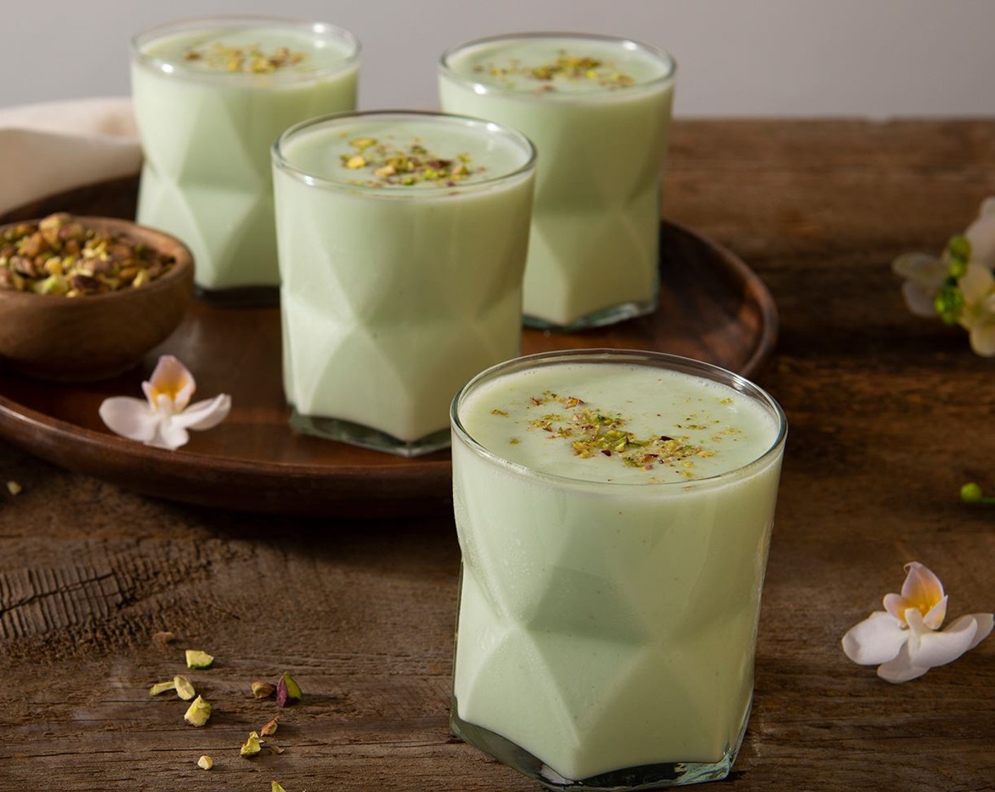 step 2 Divide among 6 glasses. Garnish with crushed Salted Pistachios (1/4 cup).