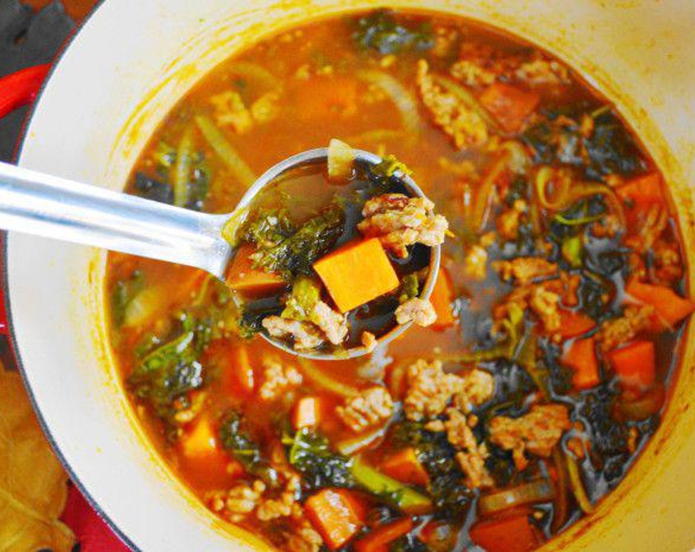 step 6 Pour in the Chicken Stock (4 cups) and let it come to a gentle boil. Stir in the Kale (4 cups) to let it wilt into the soup. Reduce the heat to a simmer and let the soup simmer for 30 minutes or so. Remove the pot from the heat when it's done and serve immediately! Enjoy!