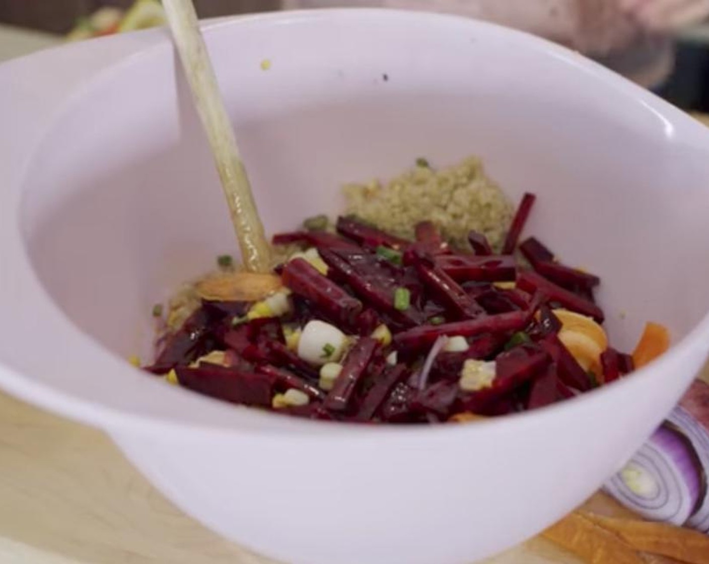 step 5 In a large salad bowl combine the beets, corn kernels, red onion, carrot, green onion, and mung bean sprouts.