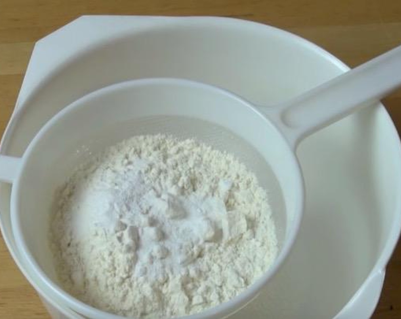 step 1 Add the All-Purpose Flour (1 cup) and Baking Powder (1 tsp) into a bowl.