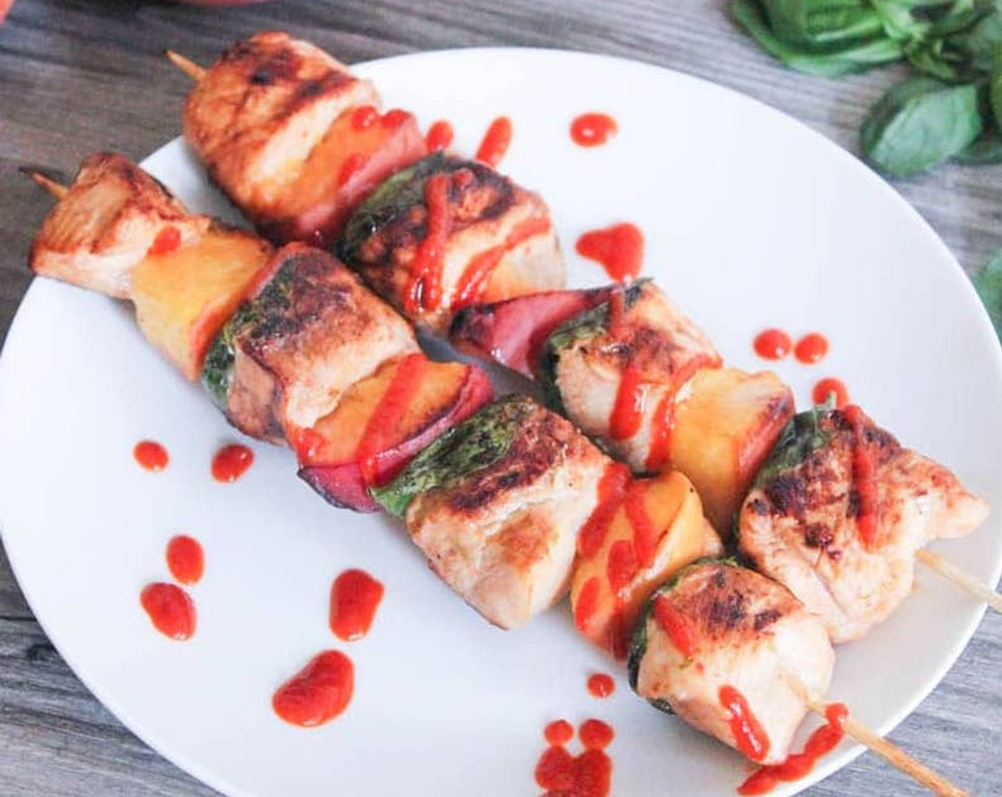 Sriracha Chicken Skewers with Peaches and Basil