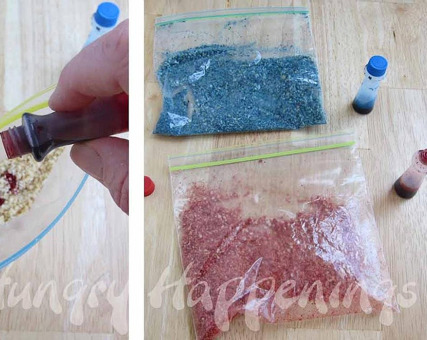 step 4 Divide crackers into two small zip top bags. Add drops of Red Food Coloring (to taste) into one bag and Blue Food Coloring (to taste) into the other. Shake to blend the color with the crumbs. Add more coloring if needed until you get the desired color.