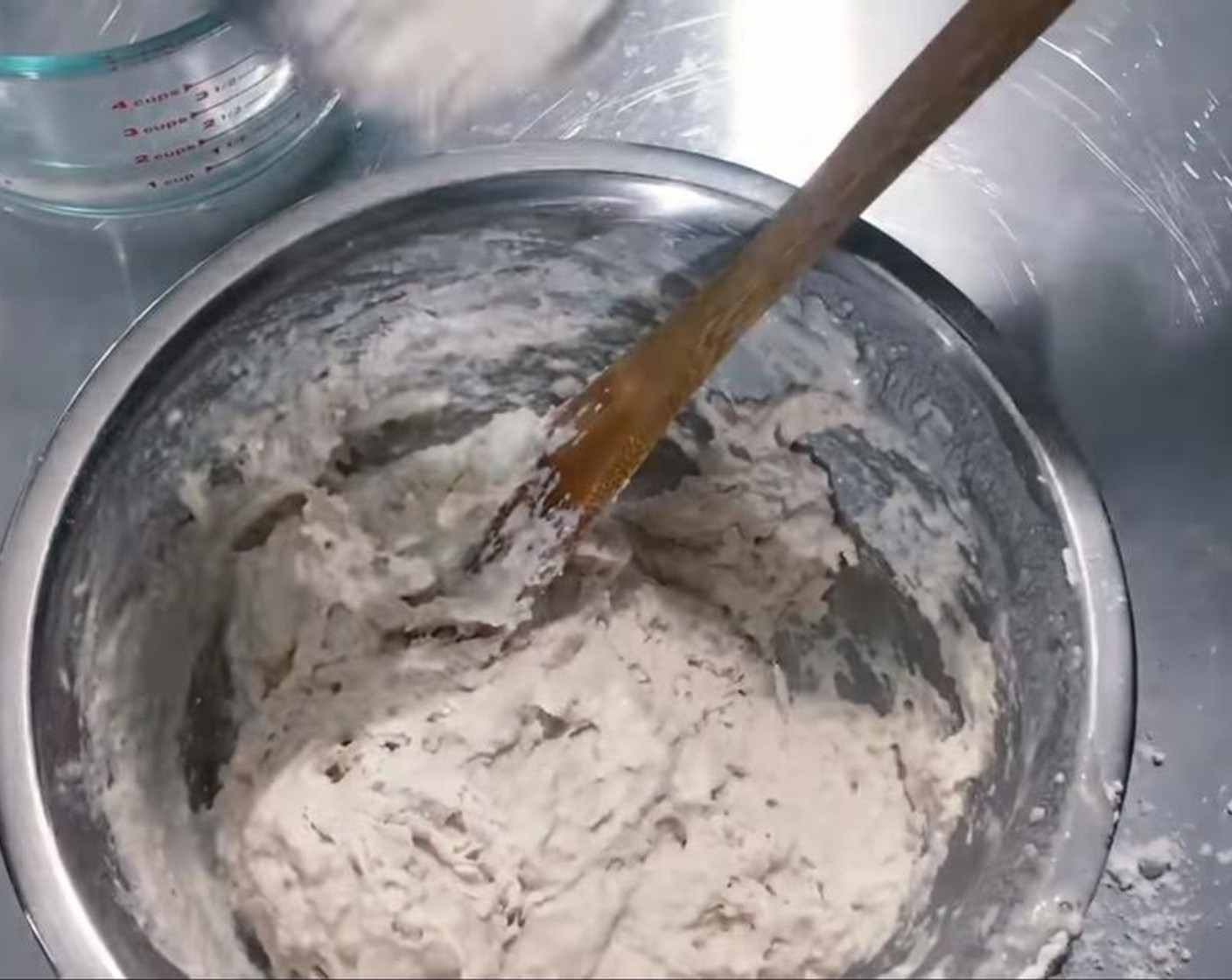 step 2 For the dumplings: Add Sea Salt (to taste) to All-Purpose Flour (3 cups), and mix with Water (1 cup). Put the mix on the counter and knead it and roll it. Cut it up into roughly even rectangles. Place the rectangels on a lined tray.