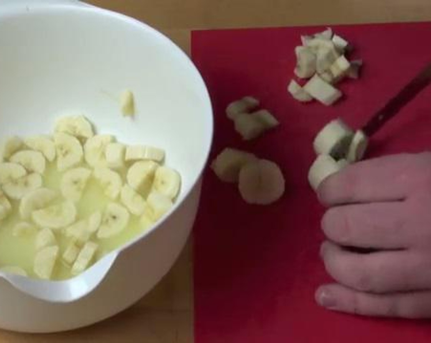 step 1 Into a large bowl, add the juice from Limes (2) together with your Bananas (8). Give the mixture a gentle toss. Set aside for a moment while you work on the jam.