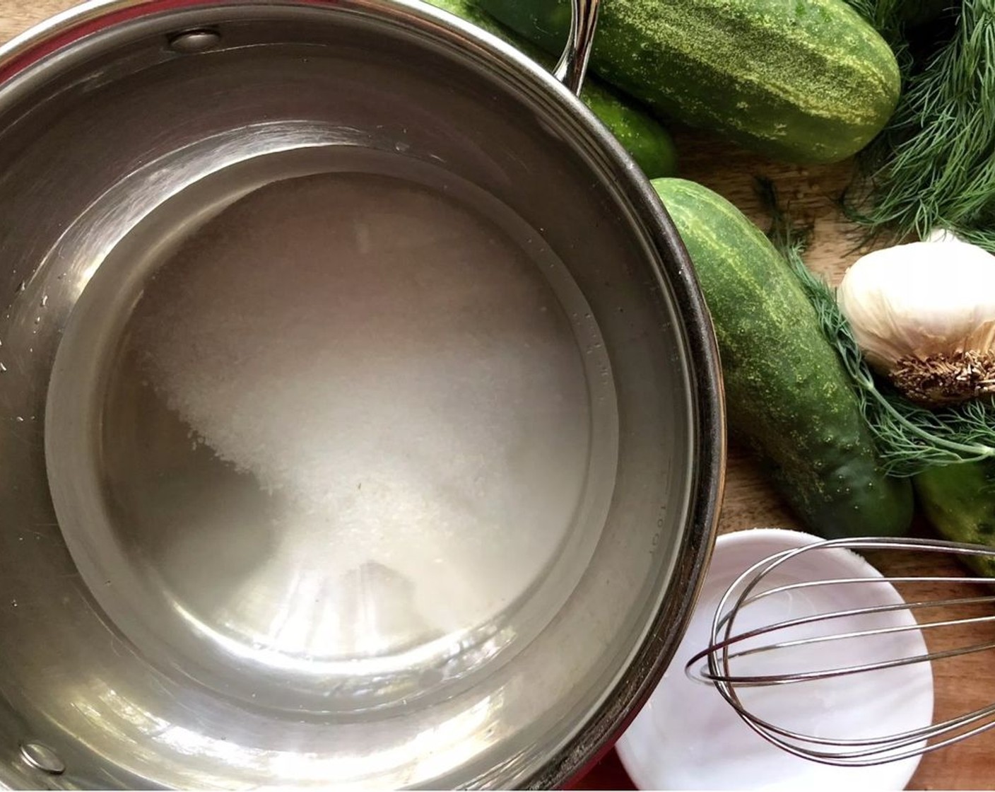 step 1 Combine the Distilled White Vinegar (1 1/4 cups), Kosher Salt (3 Tbsp), and Granulated Sugar (2 Tbsp) in a small non-reactive saucepan, such as stainless steel, glass or ceramic, over high heat. Whisk until the salt and sugar are dissolved. Transfer the liquid into a bowl and whisk in the Water (2 cups). Refrigerate the brine until ready to use.