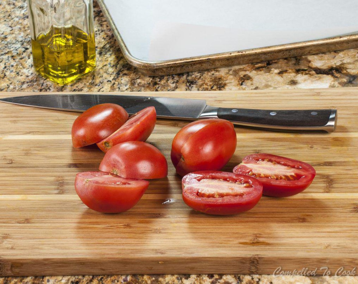 step 5 Remove stem from Roma Tomatoes (2 1/4 cups) and cut into quarters.