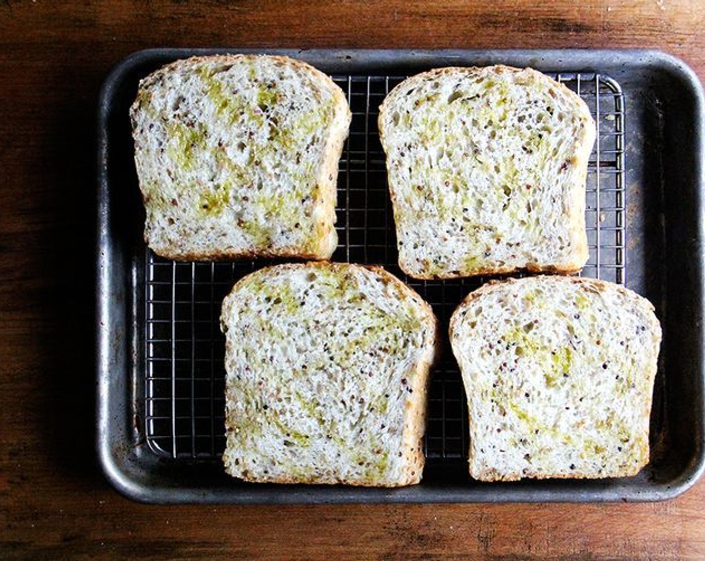 step 11 Arrange Bread (4 slices) on a cooling rack set on a sheet pan. Drizzle lightly with Extra-Virgin Olive Oil (as needed). Broil for 2 minutes or until lightly golden, keeping a close watch.