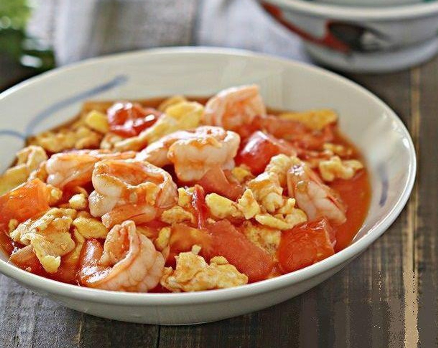 Stir Fried Eggs, Prawns and Tomatoes