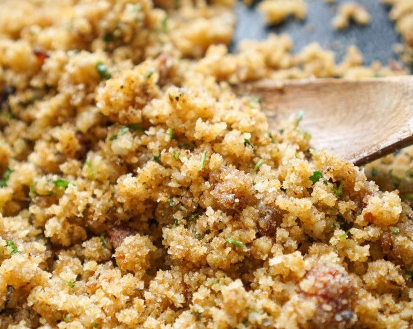 step 7 Add the Seasoned Breadcrumbs (1 cup), Grated Parmesan Cheese (1/4 cup), crumbled bacon, and Fresh Parsley (2 Tbsp) and mix to combine. Cook for 1-2 minutes. The mix should be crumbly, but wet enough to stick together if pressed with your fingers. If not, drizzle over Olive Oil (as needed) until achieved.