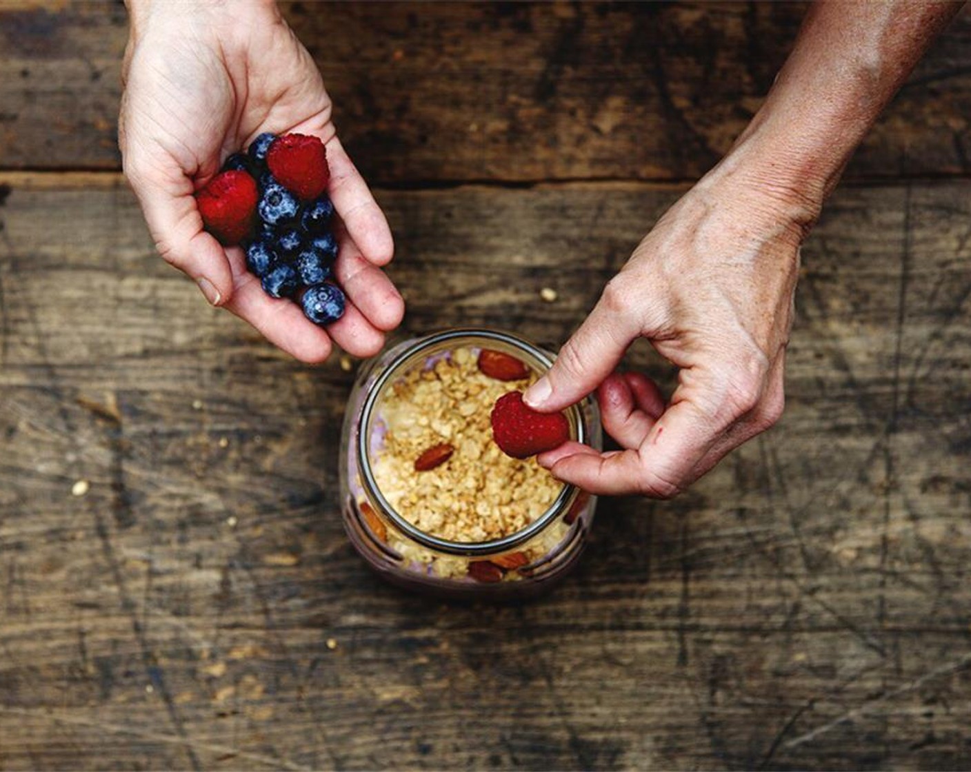 step 7 Today, it's Granola (to taste), fresh berries, Almonds (1 handful), and a drizzle of Honey (1 Tbsp)!