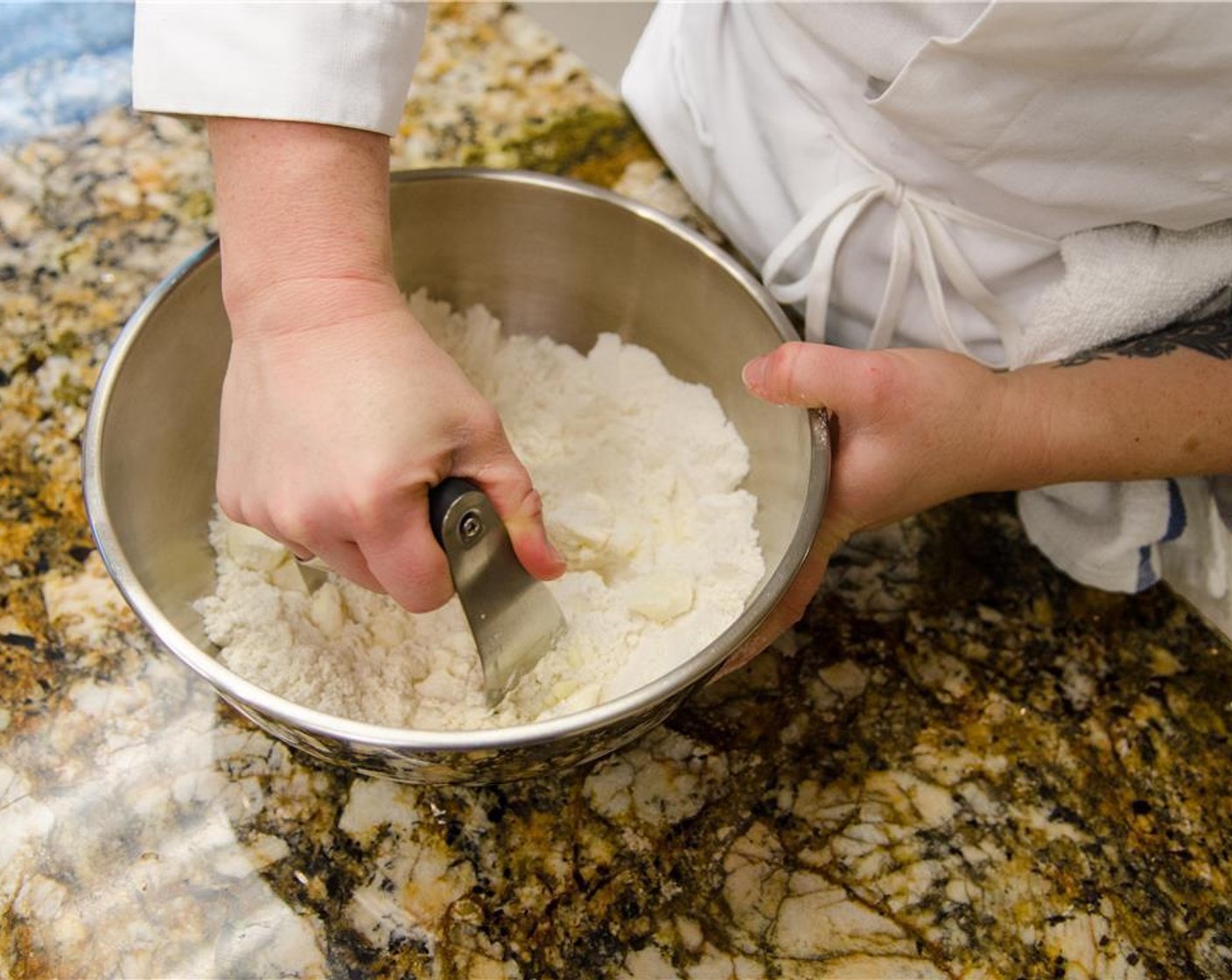 step 1 Cube a third of the Unsalted Butter (1 1/2 cups) and place in a large bowl with Bob’s Red Mill Gluten Free Pie Crust Mix (3 3/4 cups). Using a pastry blender or two knives, cut in butter until the mixture is the consistency of coarse cornmeal.