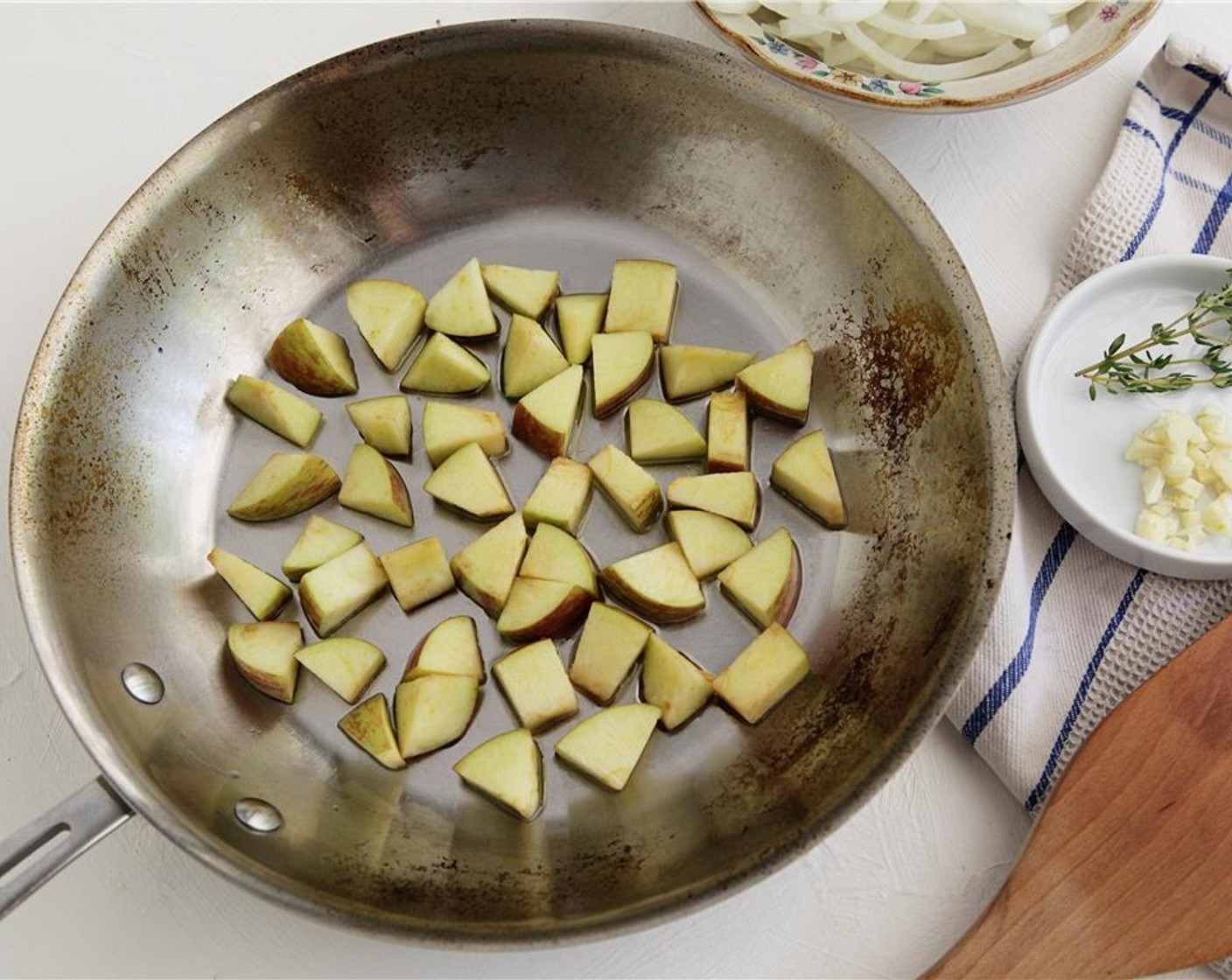 step 8 Reduce heat to a simmer and cook until the Onion (1) are tender, add Chicken (8 oz) to the pan to heat. Turn off the heat, and gently stir in the Whole Grain Mustard (1/2 Tbsp) and Butter (1 Tbsp). Remove the thyme stems, season to taste with Sea Salt (1/2 Tbsp).