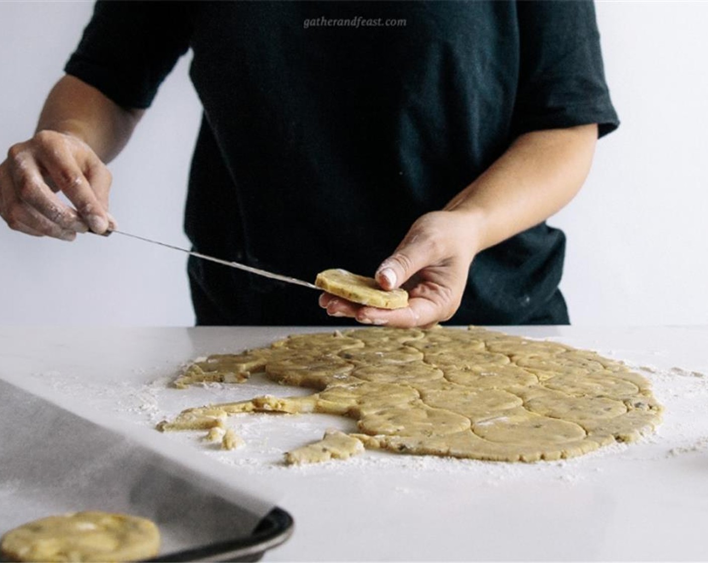 step 6 Place the shortbread rounds onto the pre-lined baking trays. Place into the oven and bake at 180 degrees C (350 degrees F) for 10 minutes until pale golden.