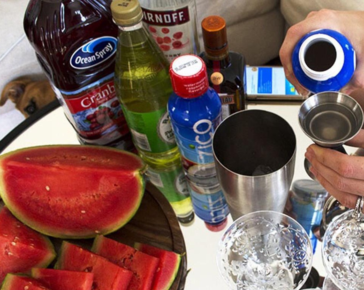 step 1 Combine ZICO®Watermelon Raspberry Flavored Premium Coconut Water (1 fl oz), Raspberry Vodka (2 fl oz), Lime Juice (0.8 fl oz), Cointreau (0.5 fl oz), and Cranberry Juice (1 splash) in a cocktail shaker. Shake with Ice (1 handful).