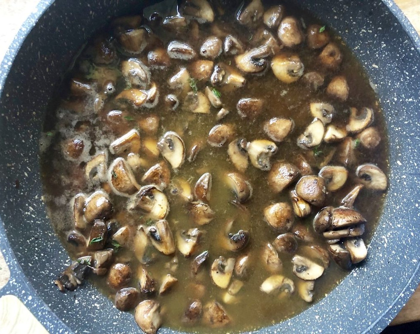 step 7 Add the Vegetable Stock (3/4 cup) and Marsala Wine (3/4 cup). Simmer for about 8 to 10 minutes until the sauce has reduced enough to coat the mushrooms, however still a bit loose.