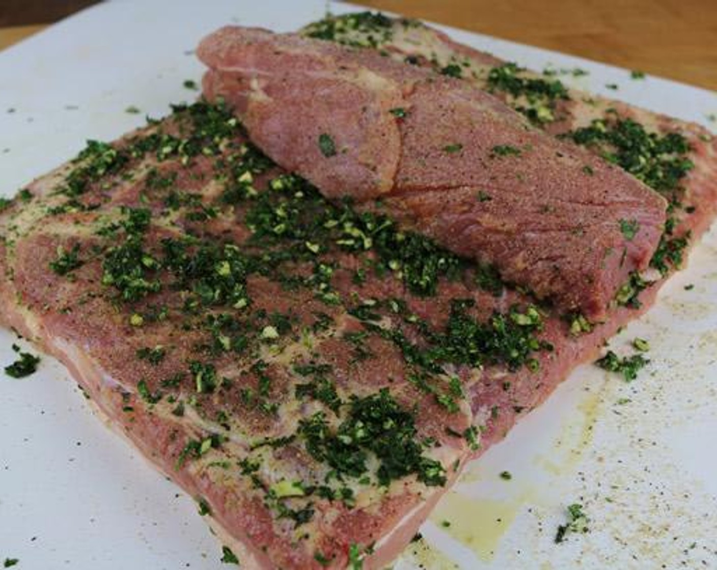 step 4 Next layer on a mixture of garlic and herbs; Fresh Basil (1 Tbsp), Garlic (5 cloves), Fresh Parsley (1 Tbsp), and Fresh Oregano (1 Tbsp).