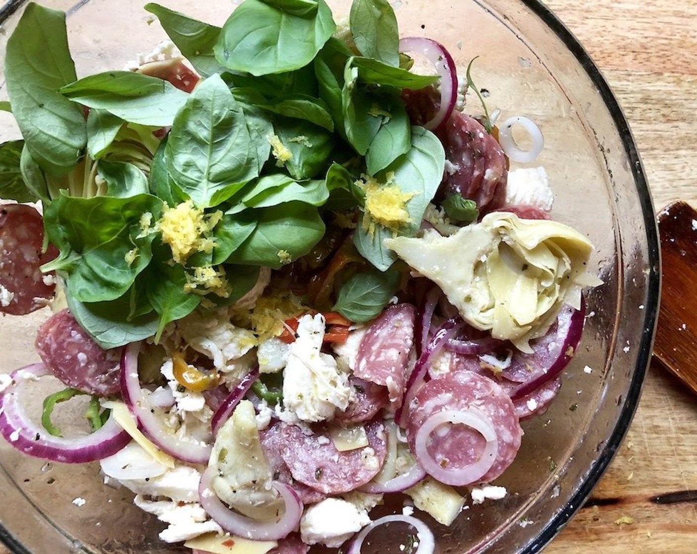 step 3 Sprinkle the zest of Lemon (1/2) over salad and add Fresh Basil Leaves (2 cups), toss to combine. Season with more Kosher Salt (to taste) and Ground Black Pepper (to taste) if needed.