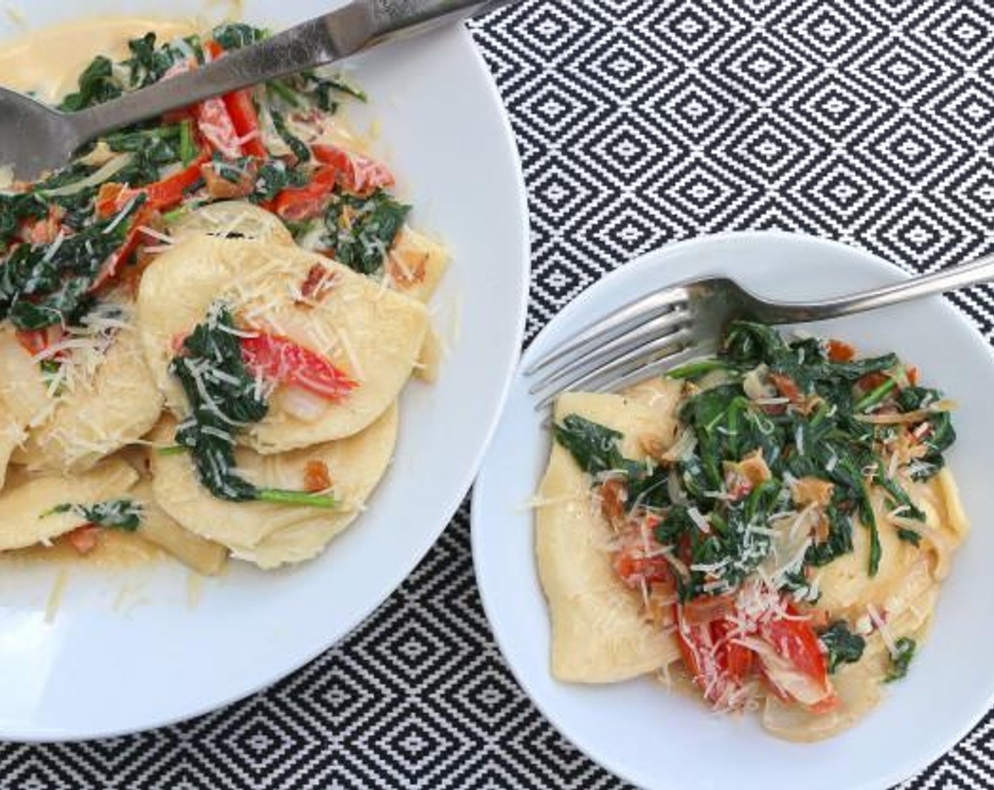 Cheese and Potato Vareniki, with Spinach, Bacon and Tomato