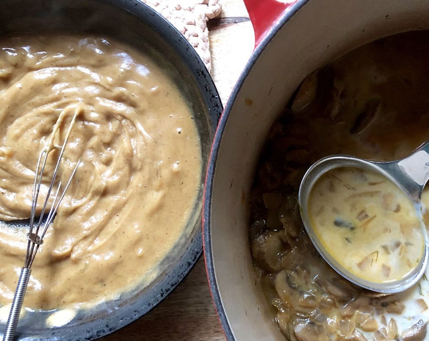 step 4 Pour the Milk (1 cup) into the soup and stir well to blend. Add the thickened roux, stirring continuously until fully incorporated. Cover and simmer for 15 more minutes, stirring occasionally.