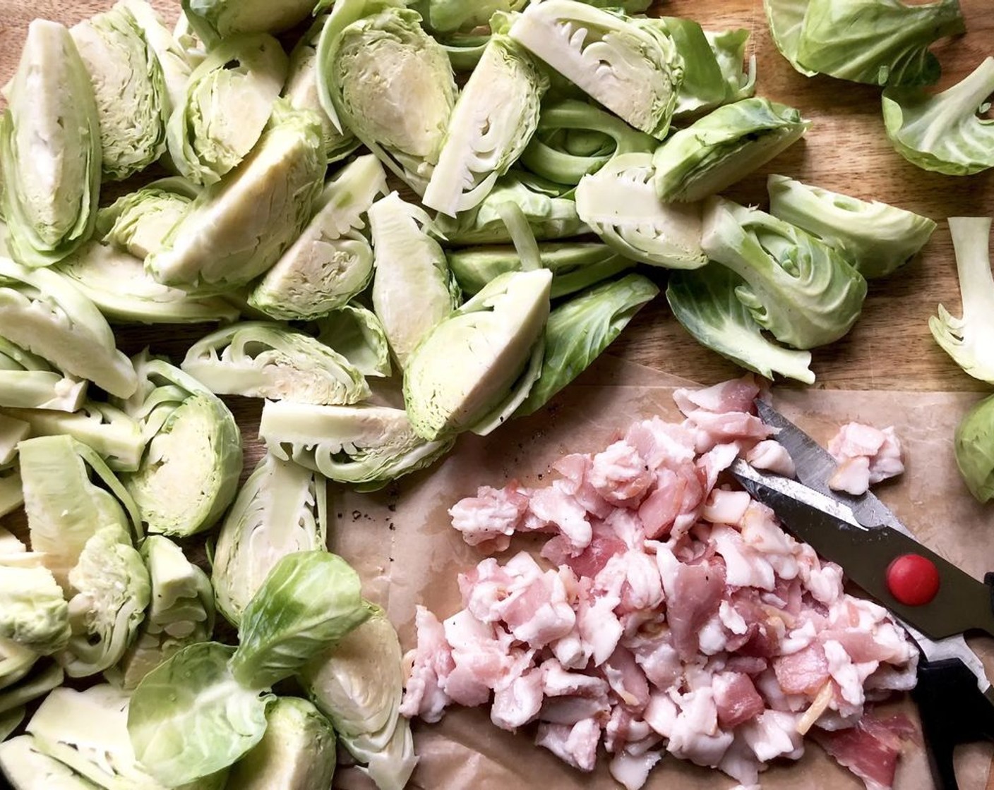 step 2 Place the Brussels Sprouts (7 1/2 cups) on a sheet pan along with the Smoked Bacon (4 oz).