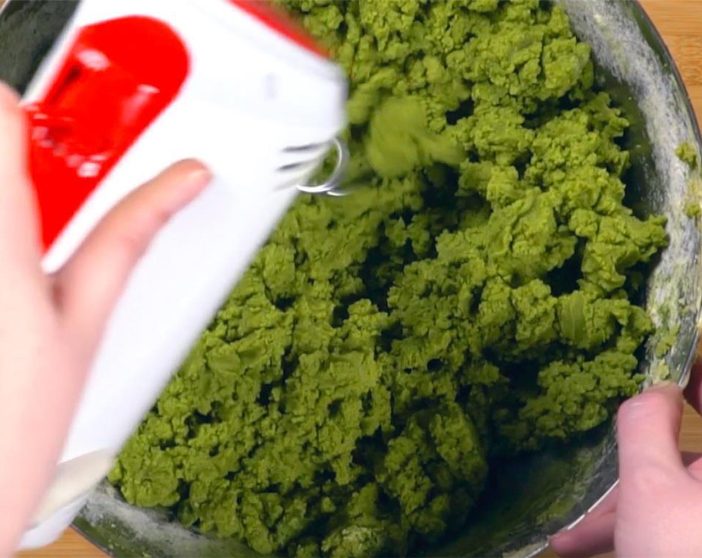 step 4 Add flour mixture and Matcha Powder (1/3 cup) and mix on low speed until thoroughly combined.