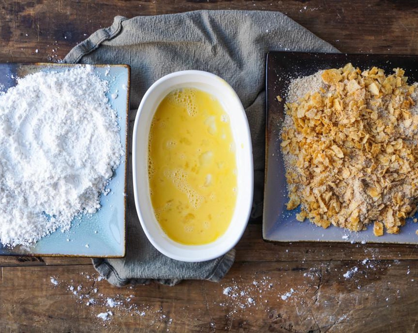 step 4 Set up your dipping station in this order: All-Purpose Flour (1/2 cup). Eggs (2). Breadcrumbs.