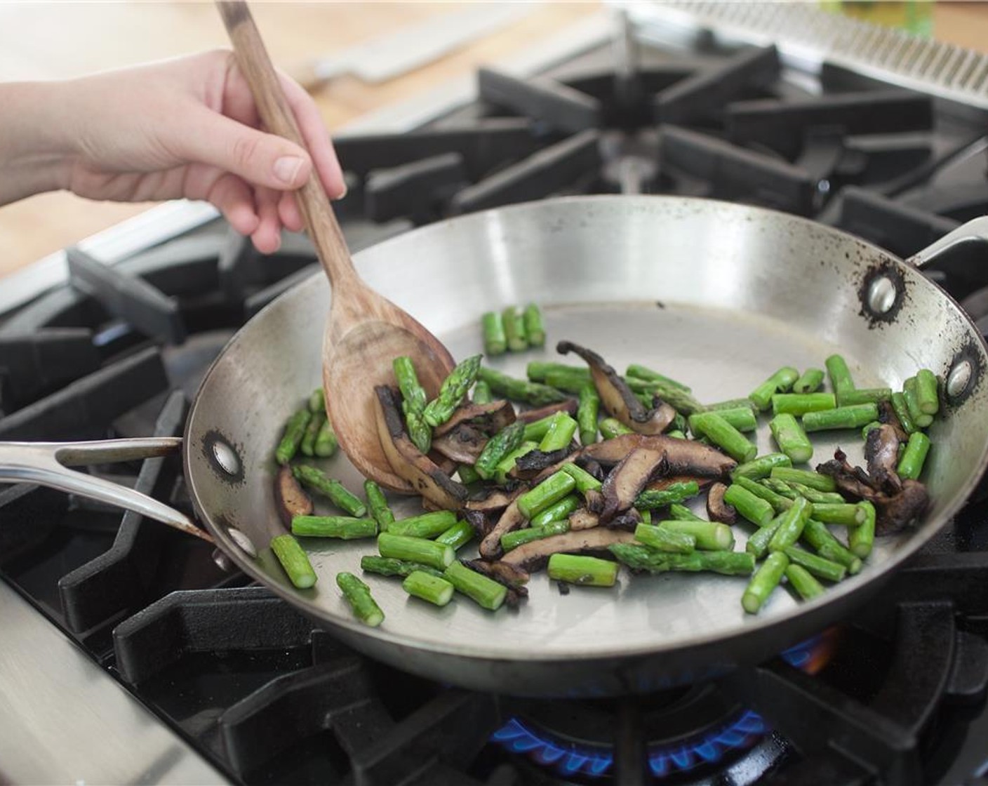 step 9 Add the Asparagus (3/4 cup) and cook for an additional two minutes. Remove from heat and hold for next step.