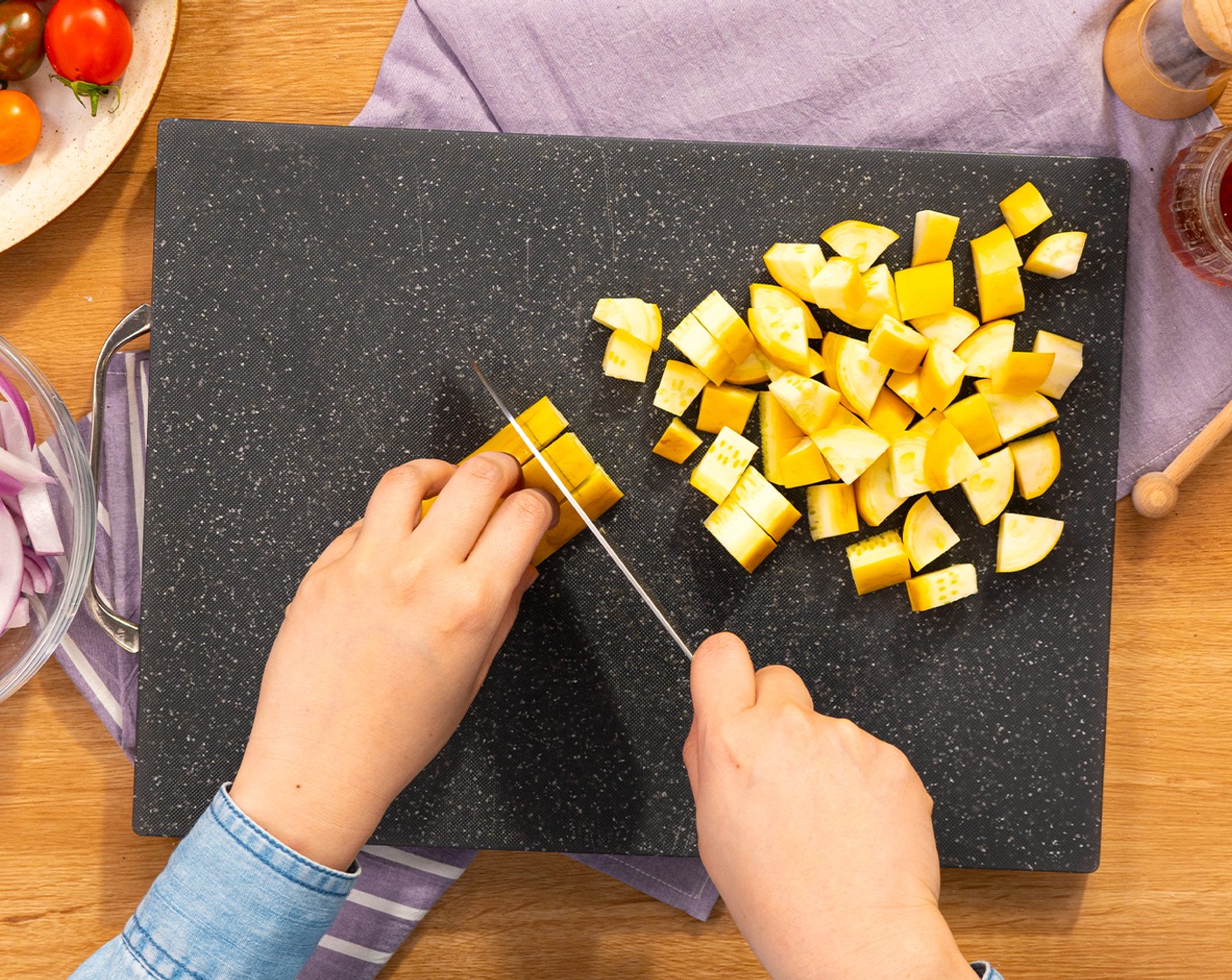 step 3 Cut Yellow Squash (1 cup) into about 1/4-inch thick, and slice Red Onion (1) into about 1/4-inch thick.