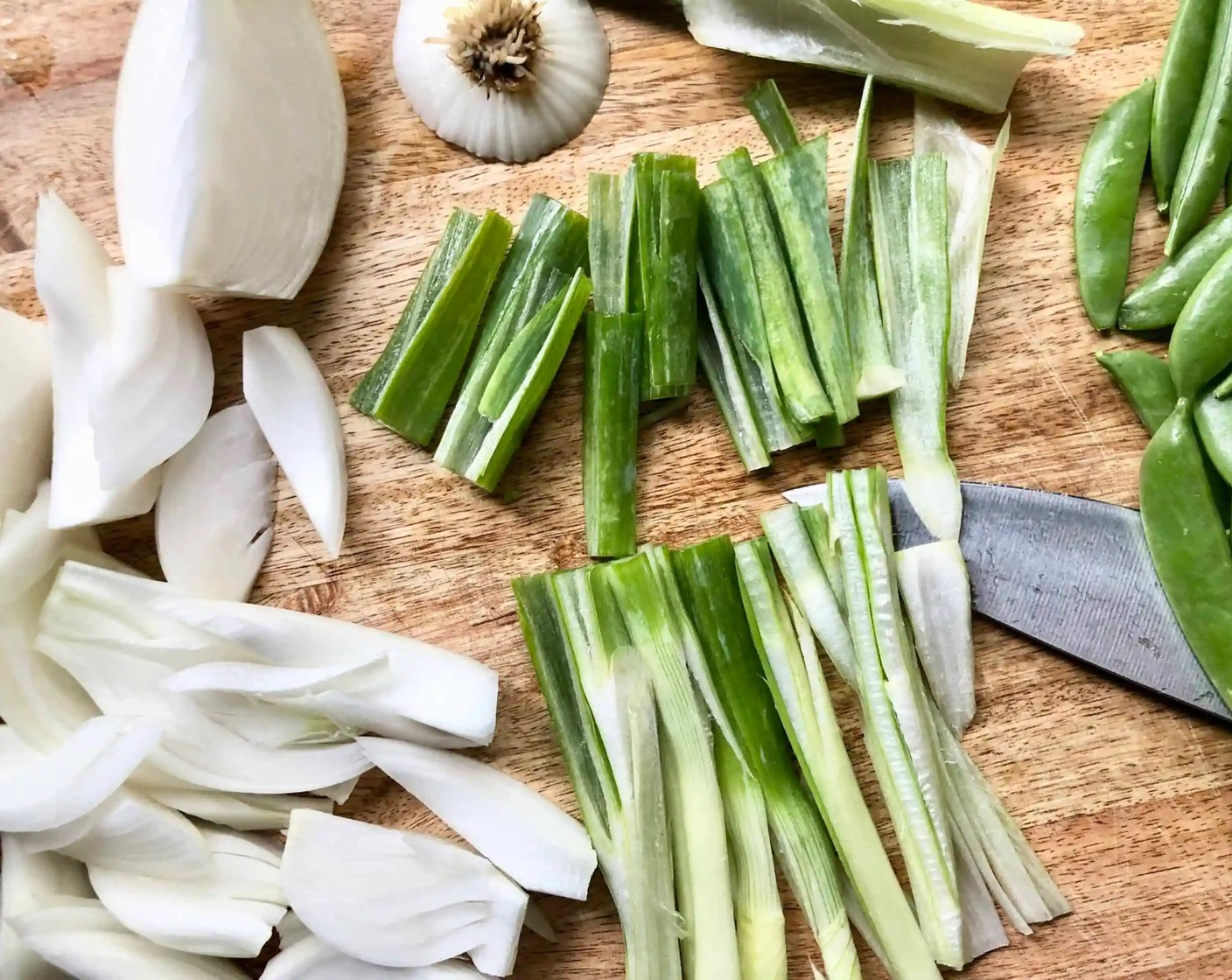 step 7 Separate the Spring Onions (7 1/2 cups) stems from the bulbs. Cut the stems in half lengthwise, then cut crosswise into 2-inch pieces. Slice the bulbs through the root end into quarters. If your spring onions are very large, the bulbs will need to be further cut into more manageable pieces.
