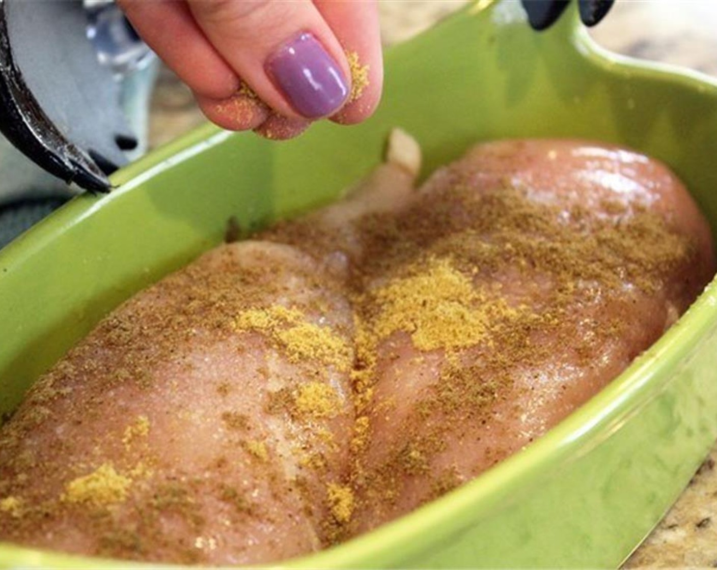 step 2 First, sprinkle the Chicken Breasts (2) on both sides with Salt (1/2 tsp), Ground Coriander (1/2 tsp), and Ground Cumin (1/2 tsp) – just light pinches of each.