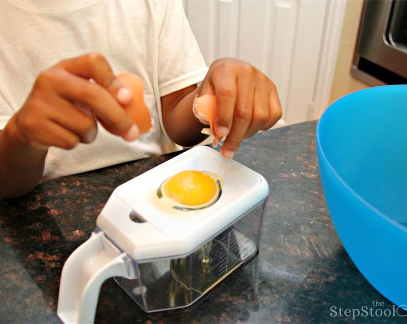 step 9 First, separate your Farmhouse Eggs® Large Brown Eggs (4). This can be tricky for little chefs which is why we used this Norpro Multi Grater with Juicer which is a multi-purpose tool that has an egg separator.