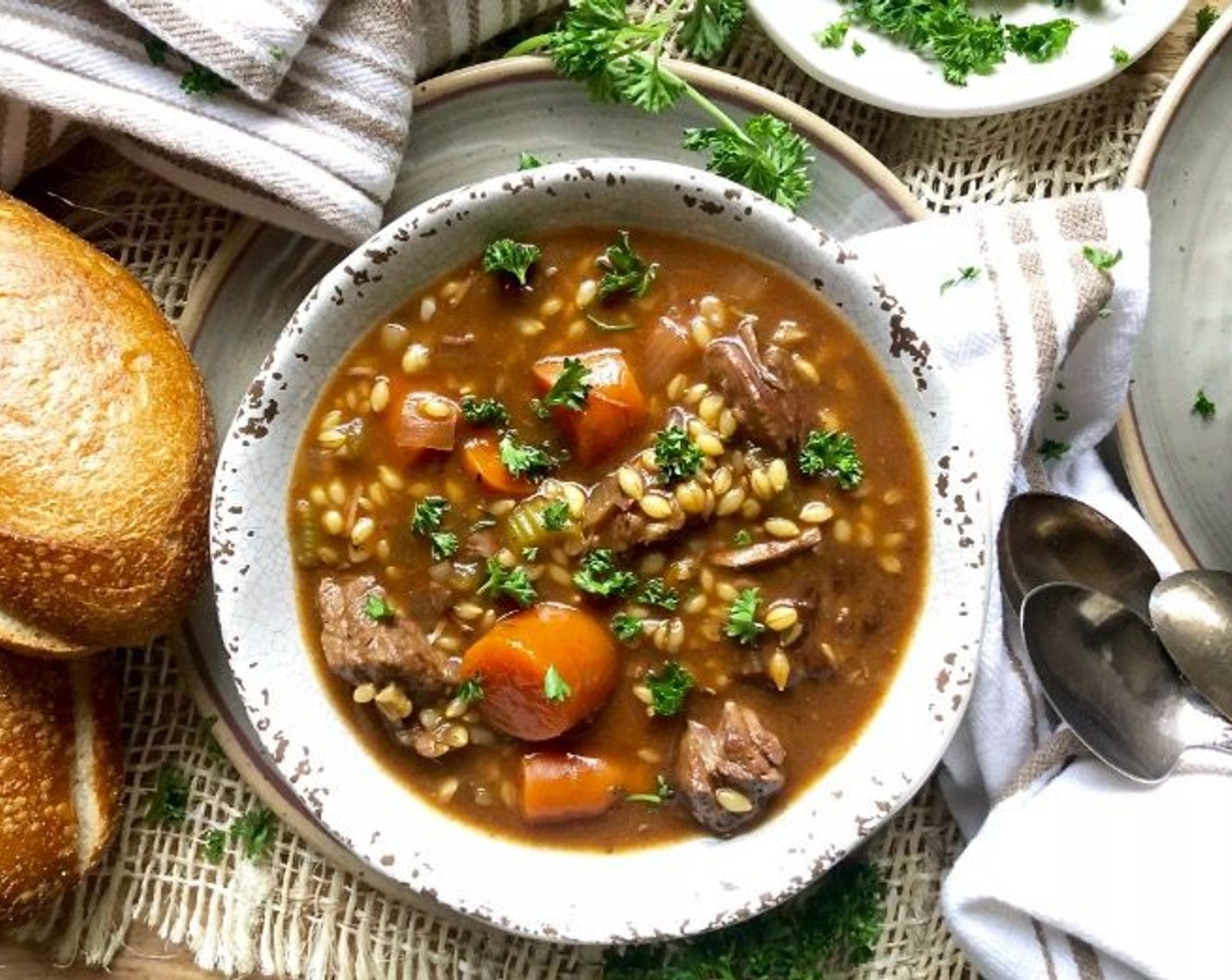 step 6 Discard the thyme sprigs and bay leaves. Ladle the stew into 8 bowls, then sprinkle with Fresh Parsley (to taste). Serve and enjoy!