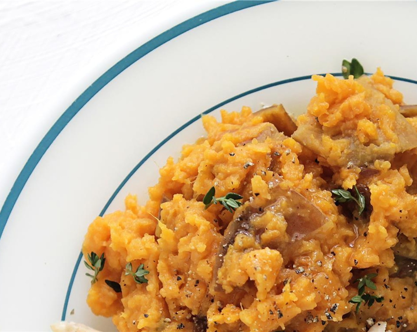 step 4 Add Half and Half (2 fl oz), Butter (2 Tbsp), Sorghum Syrup (3 Tbsp) and thyme to the sweet potatoes. Mash everything until mixed together. Taste and adjust seasoning with Kosher Salt (to taste) and Black Pepper ( to taste).