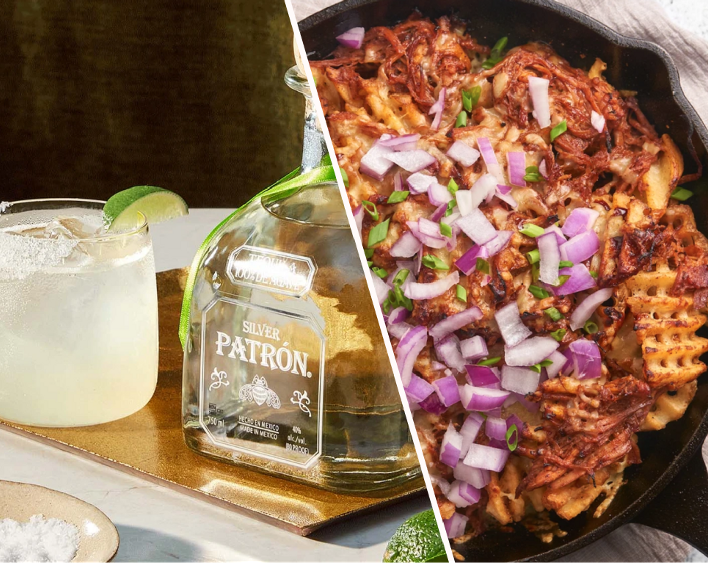 Loaded Pulled Pork Waffle Fries and Patrón Perfect Margarita Cocktail