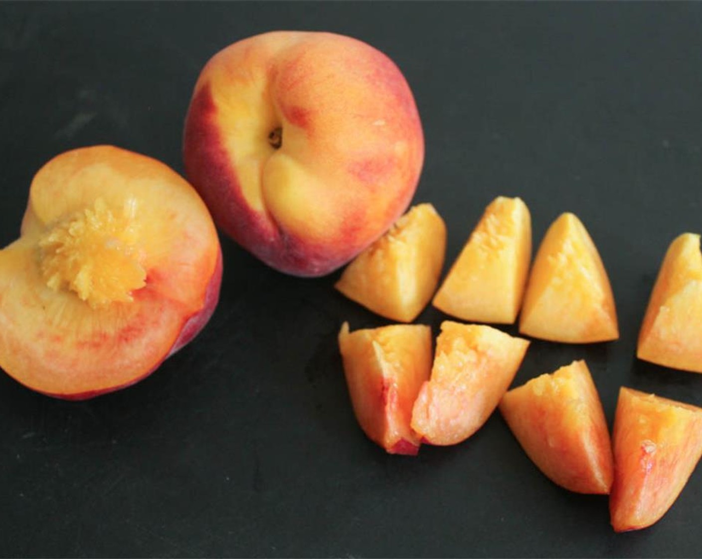 step 5 Slice the Peaches (2) into 16ths. Just to break it down: Cut each peach in half, removing the pit. Then slice each half into four segments. Slice each of those four segments in half.