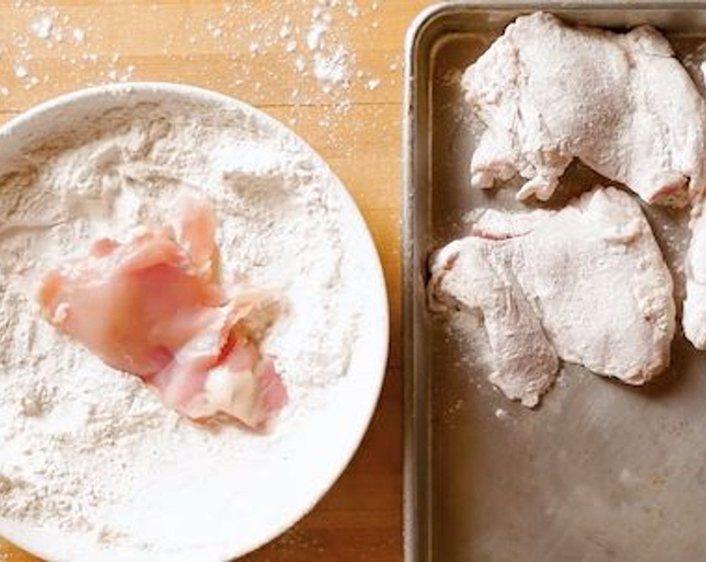 step 2 Season the Corn Starch (2 cups) and All-Purpose Flour (2 cups) mixture with Fine Sea Salt (1/2 tsp). Coat the chicken in the mixture.